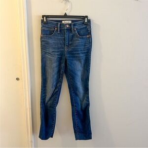 Madewell 10 inch high rise skinny jeans, raw hem, altered length, blue, size 24